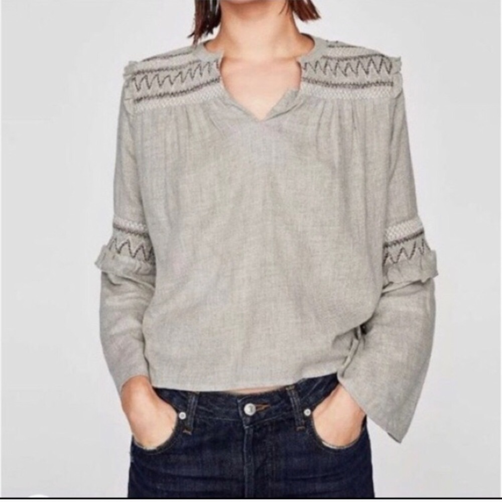 Zara peasant top with embroidery & bell sleeves top